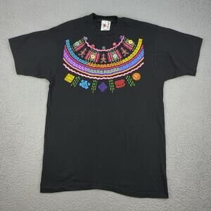 Vintage EZZE Wear Shirt Mens One Size Black Tribal Beaded Aztec Graphic 1990 USA